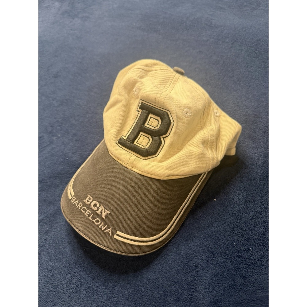 Vtg Barcelona BCN Hat Beige Grey Two Tone Baseball Cap Strapback Mens OSFM